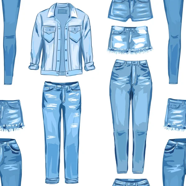 Mode naadloos patroon. Jean kledingstuk illustratie. Vector cijferver — Stockvector