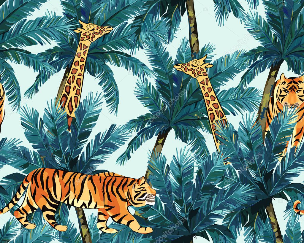 Exotic summer print. Seamless pattern with palm tree, giraffe an
