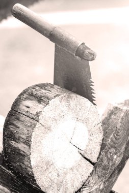 Ahşap kolu ile eski paslı testere