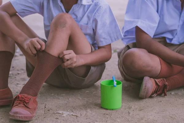 İlköğretim öğrencilerinin fırça onların dişler öğle yemeğinden sonra okulda.