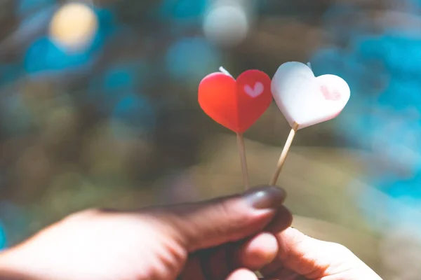 Pareja Romántica Día San Valentín Feliz Alegre Pareja Dar Corazón —  Fotos de Stock