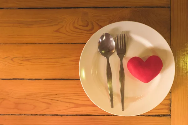 Little Heart Pillow Dish Fork Spoon Table — Stock Photo, Image