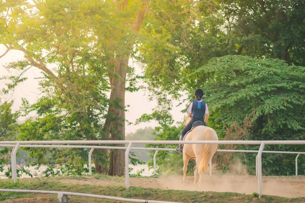 Jonge Geitjes Leren Rijden Een Paard Buurt Van Rivier Vóór — Stockfoto