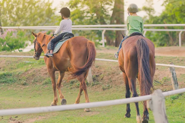 Jonge Geitjes Leren Rijden Een Paard Buurt Van Rivier Vóór — Stockfoto