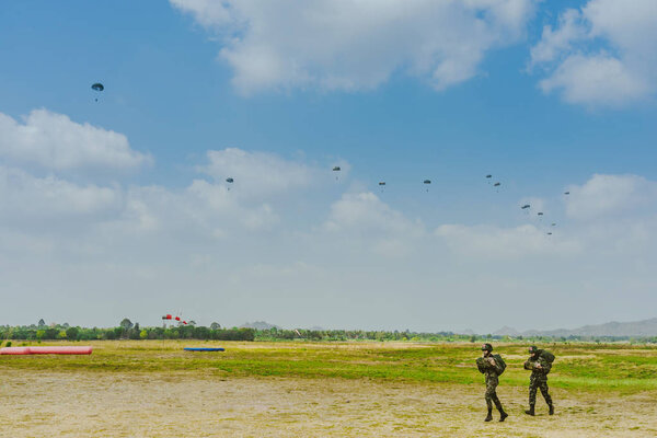 LOPBURI THAILAND, MARCH 24, 2019 : Unidentified cadets walked back to the stronghold after practicing skydiving