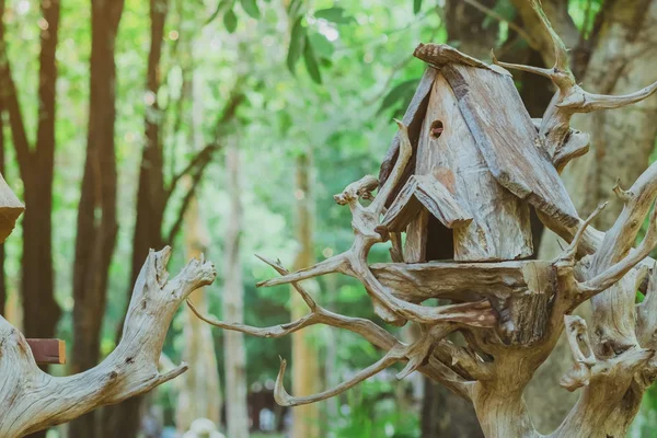 Ninho de madeira feito à mão da casa do pássaro no parque público — Fotografia de Stock
