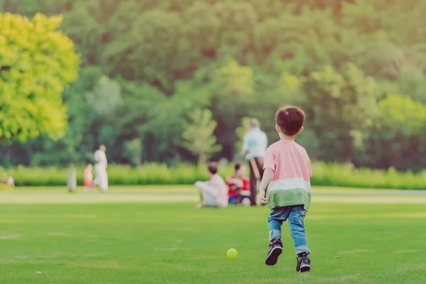 Kid gosta de jogar com pouca bola no campo verde — Fotografia de Stock