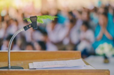Okul konferans salonundaki podyumdaki masaüstü mikrofon standına yerleştirilmiş yapay yaprak.