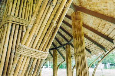 Birçok bambu ciltleri dinlenme yazlık için kutup olarak kullanılmak üzere kenevir halatları ile birlikte bağlanır.