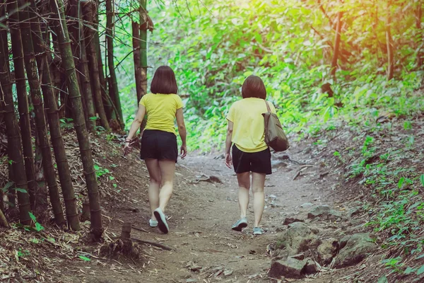 Back view of happiness two female friends in identical clothes walking along hiking trail path in forest woods.