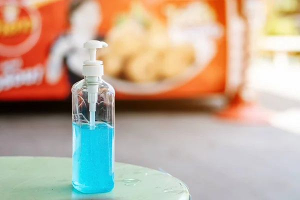 Blue Alcohol Gel Bottle Hand Cleaning Prevent Spreading Coronavirus Covid — стоковое фото
