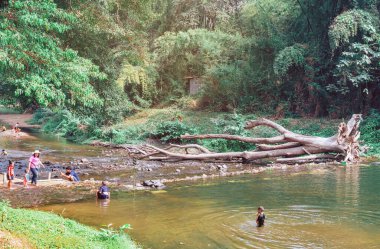 RATCHABURI THAILAND-JANUARY 19. 2020: Ratchaburi Tayland 'da 19 Ocak 2020' de Ohpoi Market 'te kimliği belirsiz insanlar ziyarete, dinlenmeye ve yüzmeye geliyor.
