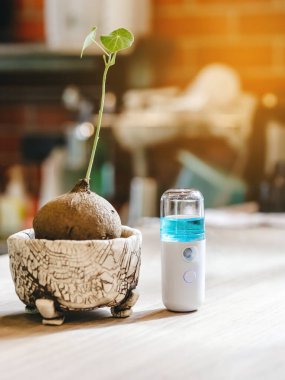 Corona virüsünün (Covid-19) müşterilere hizmet etmesini önlemek için el temizleme için alkol nano spreyi. Modern sağlık teknolojisi. Yeni normal yaşam tarzı. Seçici odak