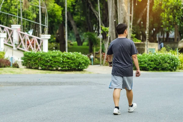 Back view portrait of a Asian man in fitness wear walking and jogging for good health in public park. Jogger in nature. Man enjoying Peaceful nature. Healthcare concept.