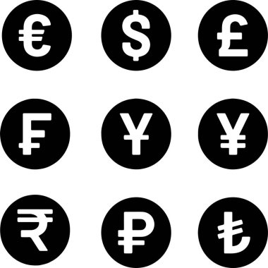 Yuvarlak daire simgesi para birimi için ayarlandı euro dolar dolar frank rupi rupi lira finans ekonomi bankacılık ticaret yatırımı. Piksel mükemmel simgeler düzenlenebilir vuruş.