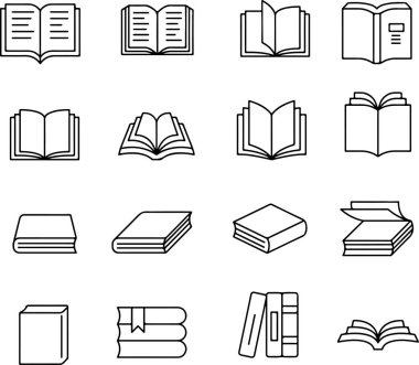 Kitaplar için ince çizgi simgesi seti edebiyat kitapları okumak, eğitim eğitimi bilgi sayfaları ders kitapları. Piksel mükemmel simgeler düzenlenebilir vuruş.