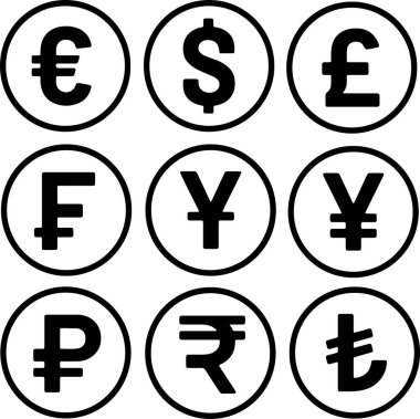 Para birimi için ayarlanmış ince çizgi ikonu Euro dolar dolar dolar Rupee lira finans ekonomi bankacılık ticaret yatırımı. Piksel mükemmel simgeler düzenlenebilir vuruş.