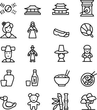 Güney Kore Asya kültürü geleneği için ince çizgi ikonu. Hanbok, pagoda, soju, pirinç kasesi, bibibimbap, ördek, oyuncak ayı, bambu, bonsai. Piksel mükemmel simgeler düzenlenebilir vuruş.