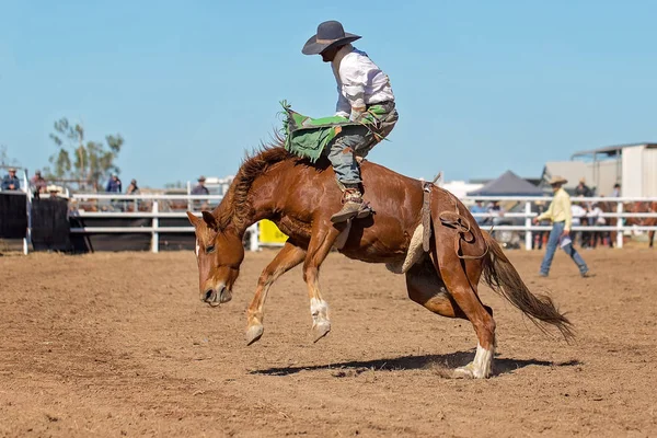 Cowboy Rider Bucking Häst Barbacka Bronc Händelse Ett Land Rodeo — Stockfoto