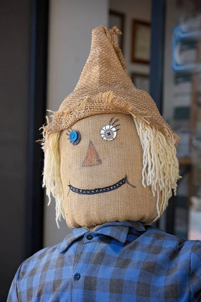 Müşteriler hoş geldiniz dükkanının önünde oturan bir kendir bitkin şapkası saman dolu korkuluk
