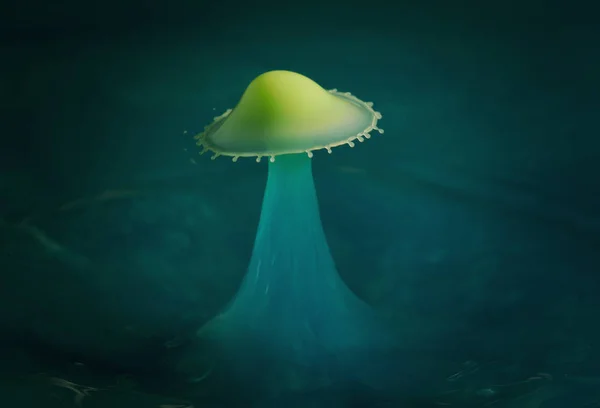 Yellow liquid is dropped into a tank of green water and two drops collide to form a yellow umbrella shape. Liquid drop art, water drop photography