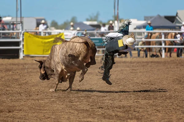 Egy Cowboy Leesik Egy Bika Szépségversenyt Egy Ország Rodeó Bullriding — Stock Fotó