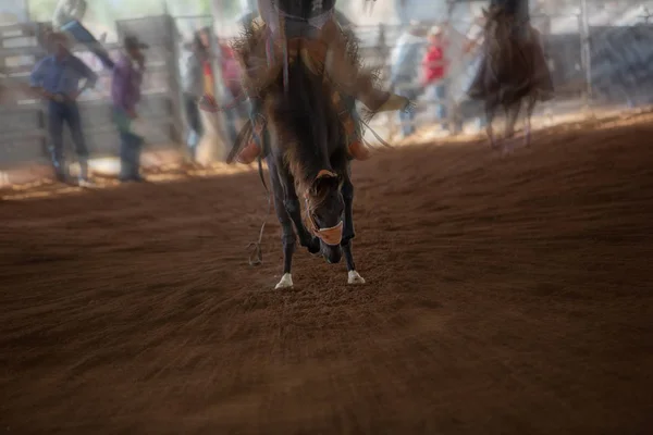 Cowboy Montar Caballo Bronco Bucking Rodeo Interior Del País Mostrando — Foto de Stock