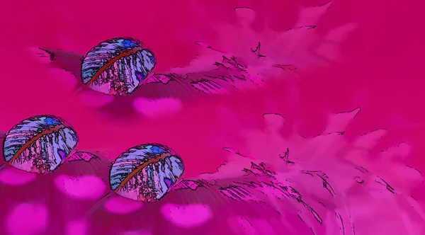 Computer generated drawing of water drops on a feather, with the pattern reflected in the drop