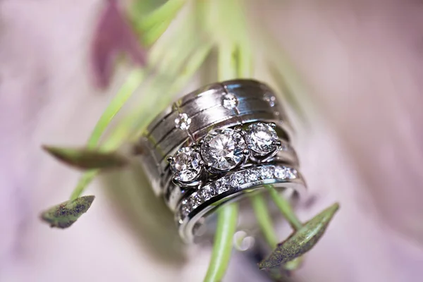 Λευκό Χρυσό Και Γαμήλιων Δαχτυλιδιών Διαμαντιών Που Γεμίζουν Ένα Λουλούδι — Φωτογραφία Αρχείου