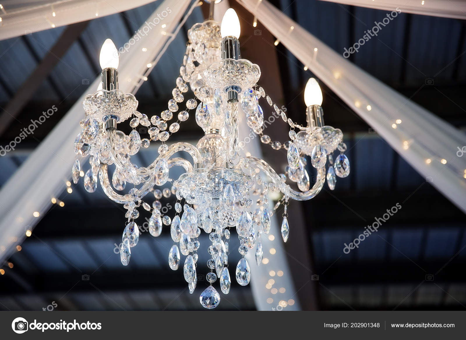 Crystal Chandelier Hanging Ceiling Wedding Reception Stock