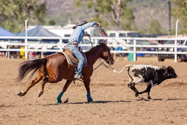 Een Cowgirl Concurreren Een Kalf Moulinette Evenement Een Land Rodeo — Stockfoto