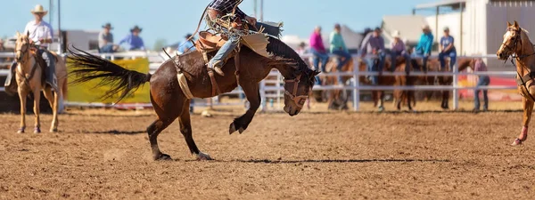 Cowboy Chevauchant Cheval Bronco Bucking Dans Une Compétition Rodéo Pays — Photo