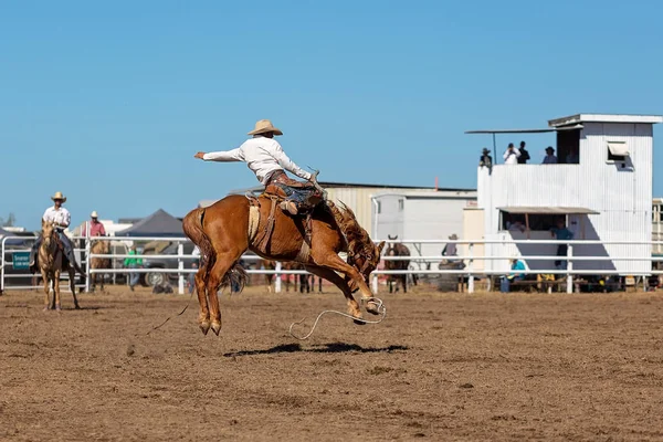 Kovboj Koni Vzpínajícího Koně Bronco Soutěži Zemi Rodeo — Stock fotografie