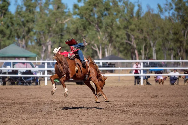 Cowboy Reitet Auf Einem Ruckelnden Bronco Pferd Einem Wettbewerb Bei — Stockfoto