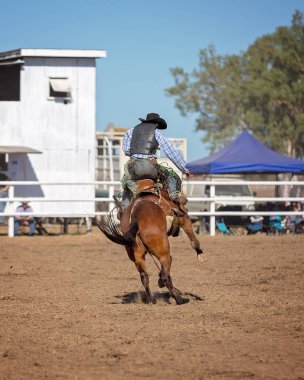 Kovboy rodeo rekabet Avustralya'da bir bucking bronc Binicilik