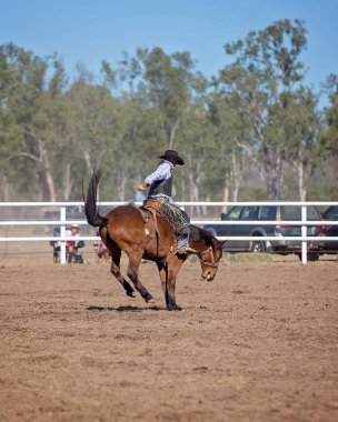 Kovboy rodeo rekabet Avustralya'da bir bucking bronc Binicilik