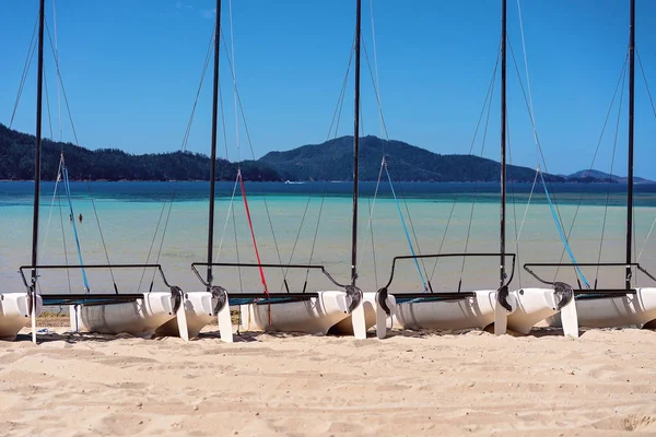 Catamarans Aan Zandstrand Huur Toerisme Gasten Australische Tropisch Eiland — Stockfoto
