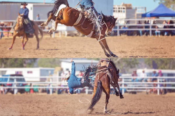 Collage Cowboy Och Häst Tävlar Apteringen Sadeln Bronc Händelse Land — Stockfoto