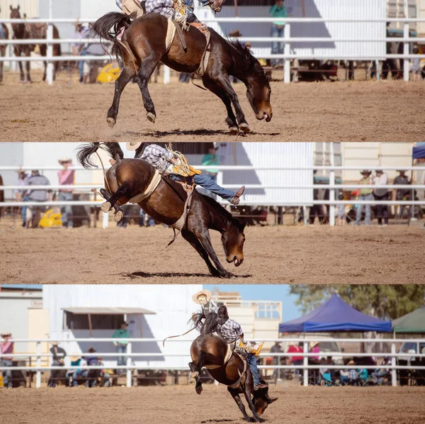 Bir Ülke Rodeo Eyersiz Bronc Etkinliğinde Bir Bucking Bronco Sürme — Stok fotoğraf