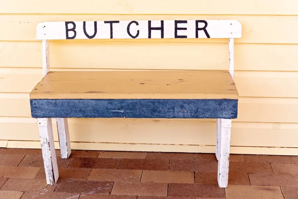 Vintage Stool Butcher Sign Pavement Shop Front — Stock Photo, Image