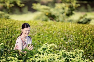 Güzel kız çiçek elbise renkli çitlerinde yapraklarda güzel bir bahçe ortamında tutar.
