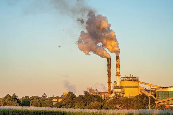 Zonsondergang over een Suikermolen raffinaderij tijdens het verpletterende seizoen — Stockfoto