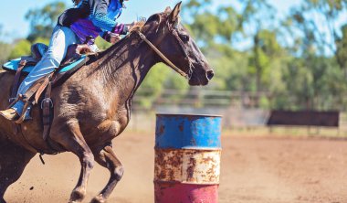 At ve Binici Outback Country Rodeo de Varil Yarışında Yarışıyor