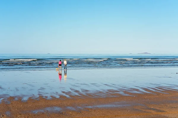 Couple On Holiday Standing By The Seashore With Their Dog — Stock Photo, Image