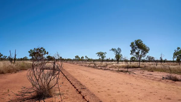 Fence Line Cattle Station Dry Paddocks Australian Outback Clear Blue — Stock Photo, Image