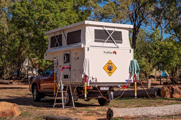 Undara Volcanic National Park, Queensland, Australia - June 2020: Motor home parked up on site at tourist campground