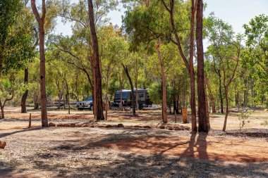 Undara Volkanik Ulusal Parkı, Queensland, Avustralya - Haziran 2020: Karavan çalılık turizm beldesindeki ağaçların arasına park etti