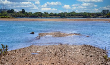 Akıntılı mavi bir su nehri Bir çakıl taşı sahili ve bir kumsal gösteriyor