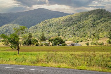 Yol kenarındaki bir arazinin üzerinden geçen parlak güneş ışığı dağ gibi bir geçmişe sahip.