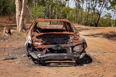 Yanmış bir arabanın paslanmış enkazı çalılıklarda terk edilmiş ve parçalarının çoğu çalınmış.